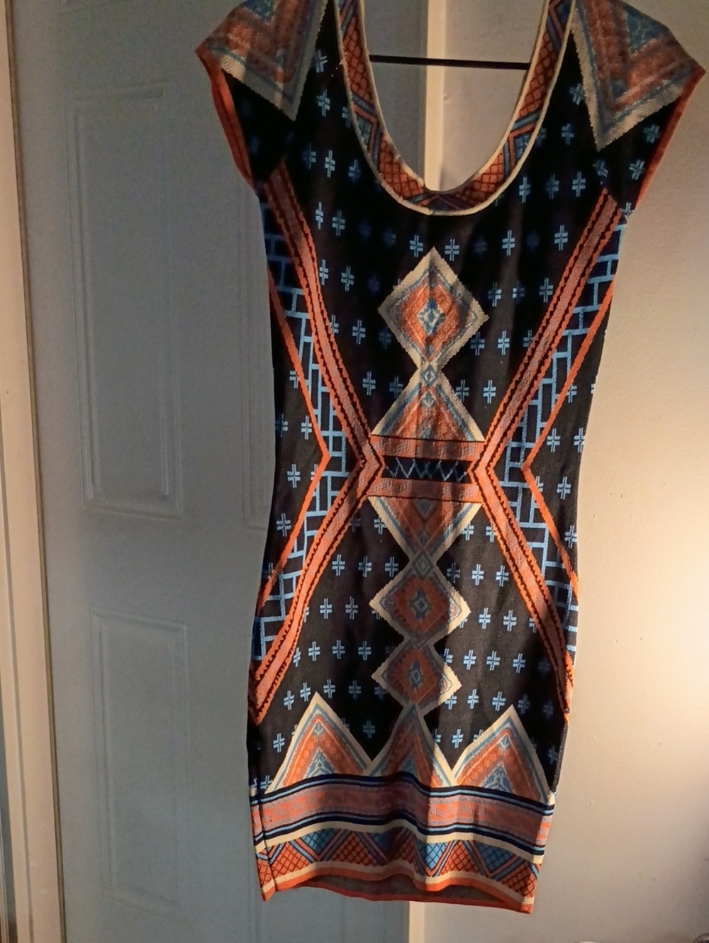 fab'rik Knee High Boots Winter Dress with Orange & Light Blue Geometric Print